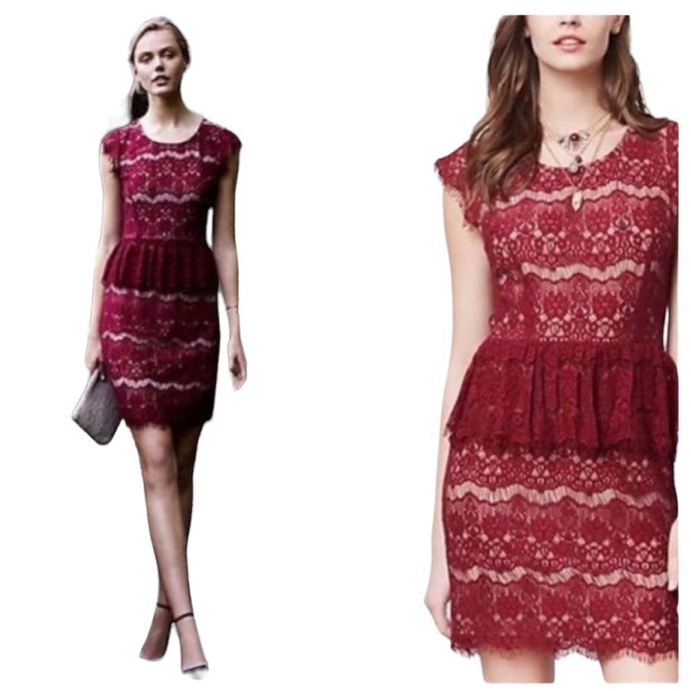 🟢Anthropologie Maeve Maroon Red Peplum Lace Dress Size S